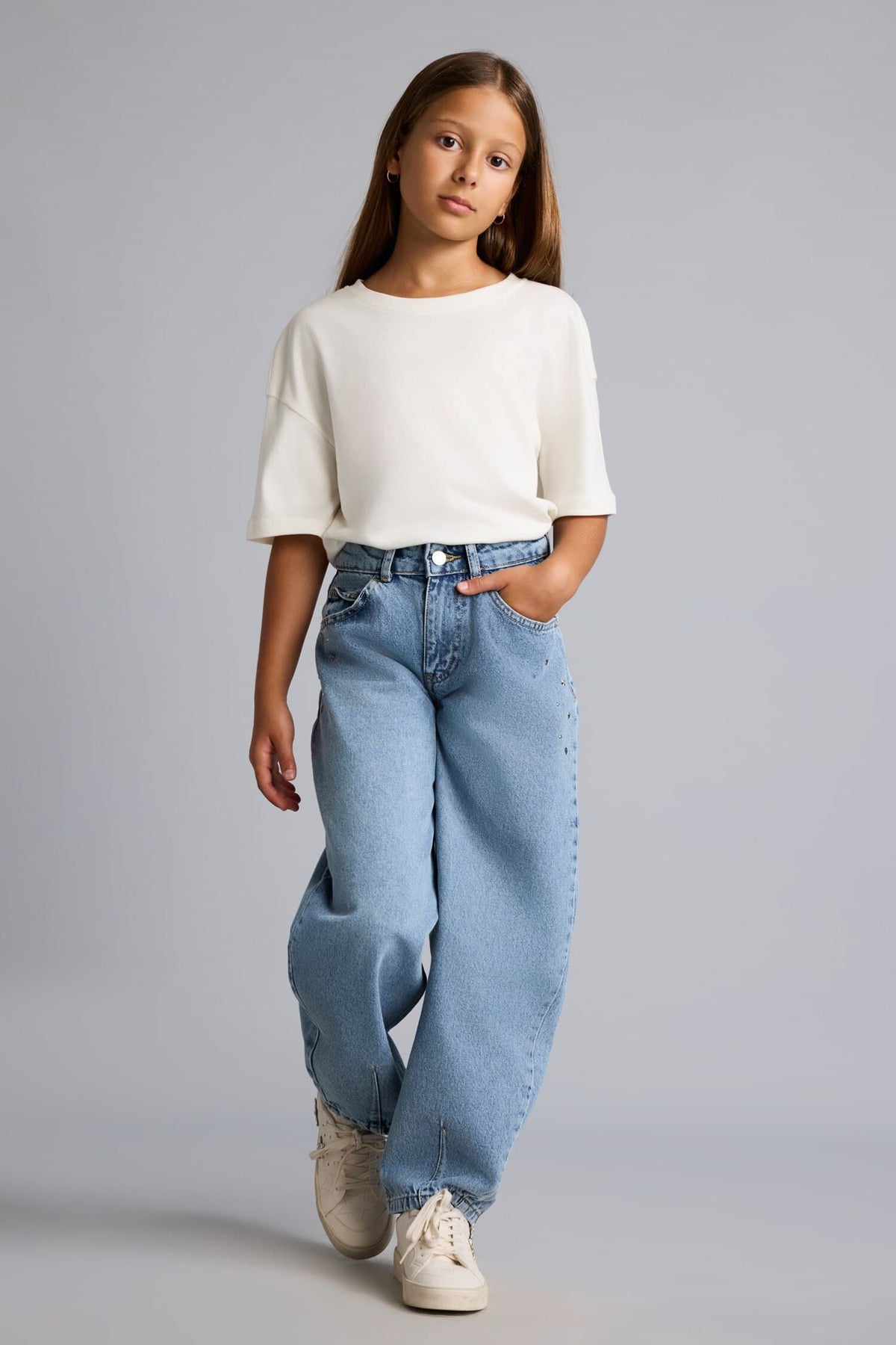 100% Cotton Forceps Detailed Baggy Fit Jeans with Pockets Girls Main image