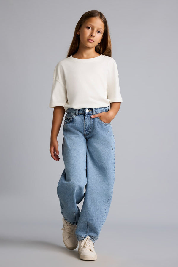 100% Cotton Forceps Detailed Baggy Fit Jeans with Pockets Girls