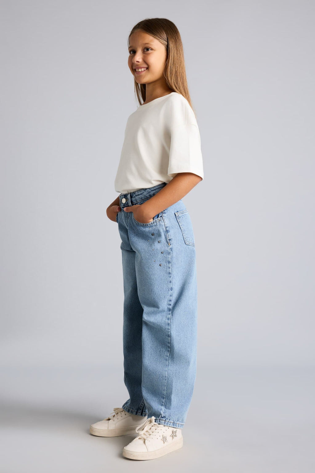 100% Cotton Forceps Detailed Baggy Fit Jeans with Pockets Girls