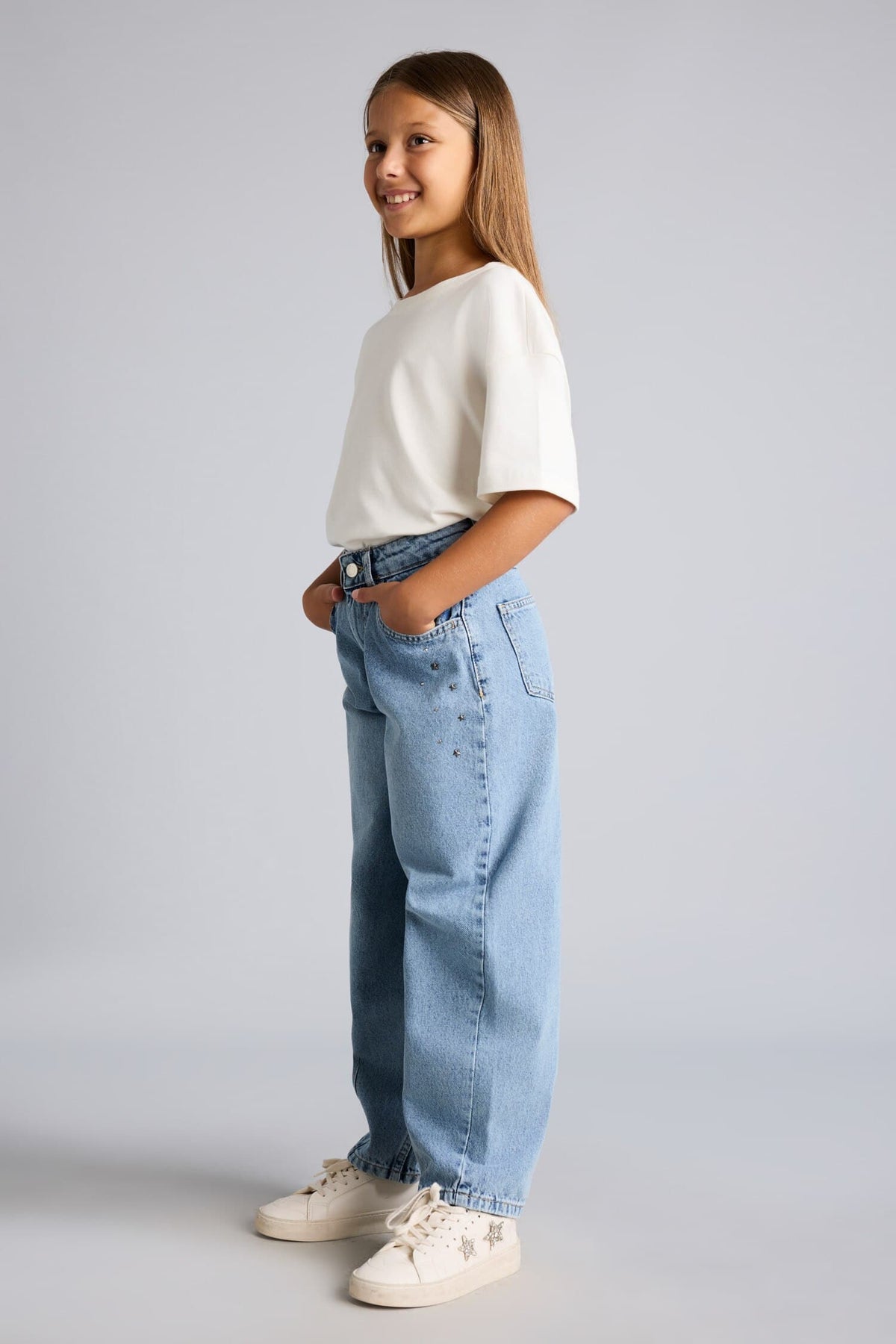 100% Cotton Forceps Detailed Baggy Fit Jeans with Pockets Girls