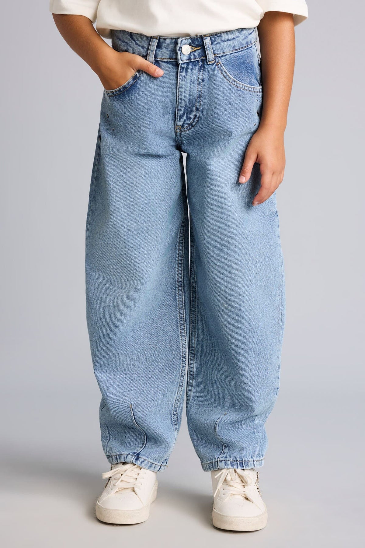 100% Cotton Forceps Detailed Baggy Fit Jeans with Pockets Girls