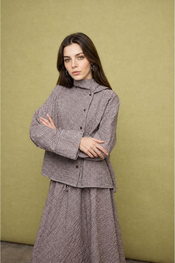 Regular Fit Check Crinkle Fabric Long Sleeve Tunic