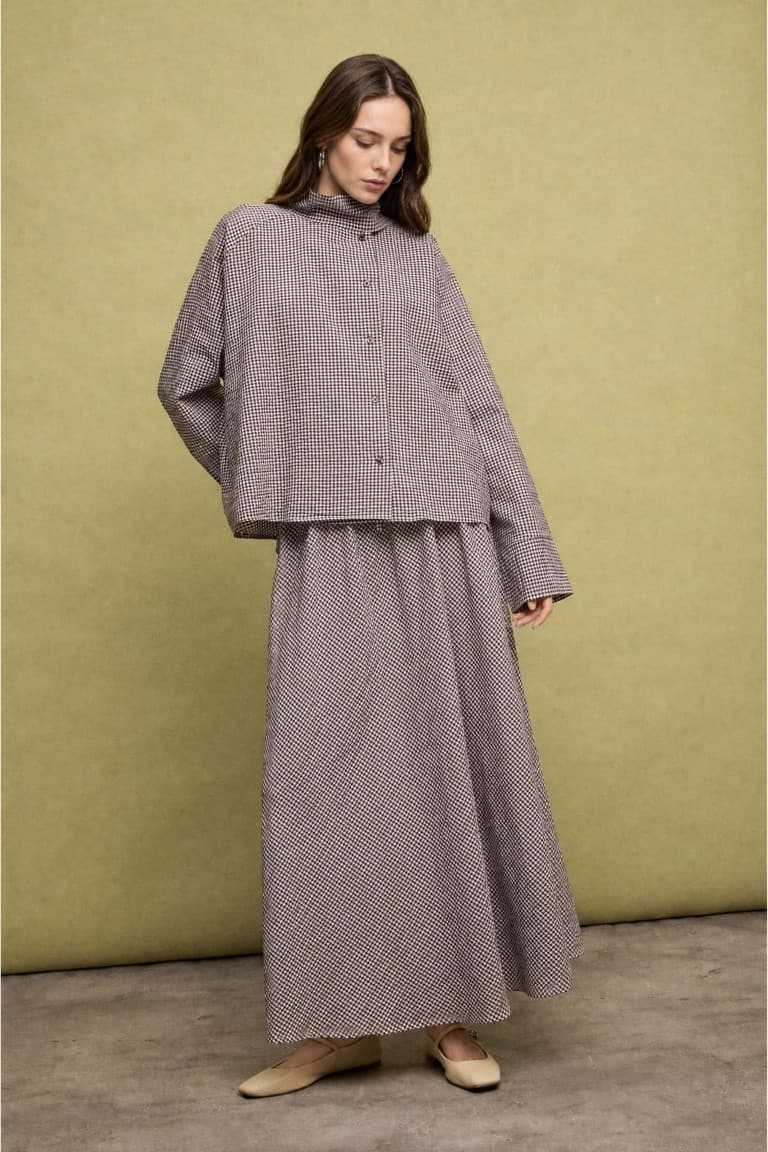 Regular Fit Check Crinkle Fabric Long Sleeve Tunic