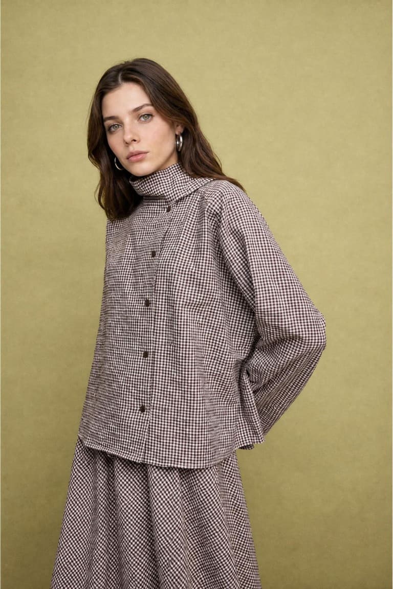 Regular Fit Check Crinkle Fabric Long Sleeve Tunic