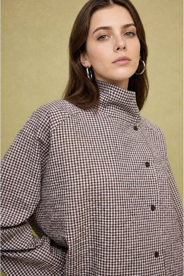 Regular Fit Check Crinkle Fabric Long Sleeve Tunic