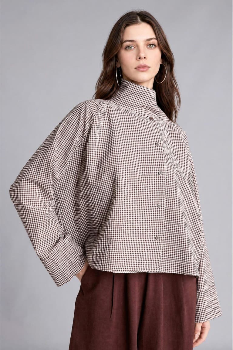 Regular Fit Check Crinkle Fabric Long Sleeve Tunic