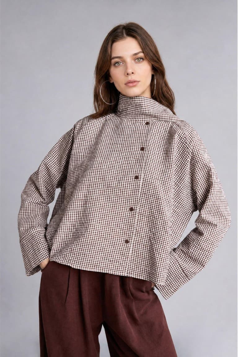 Regular Fit Check Crinkle Fabric Long Sleeve Tunic