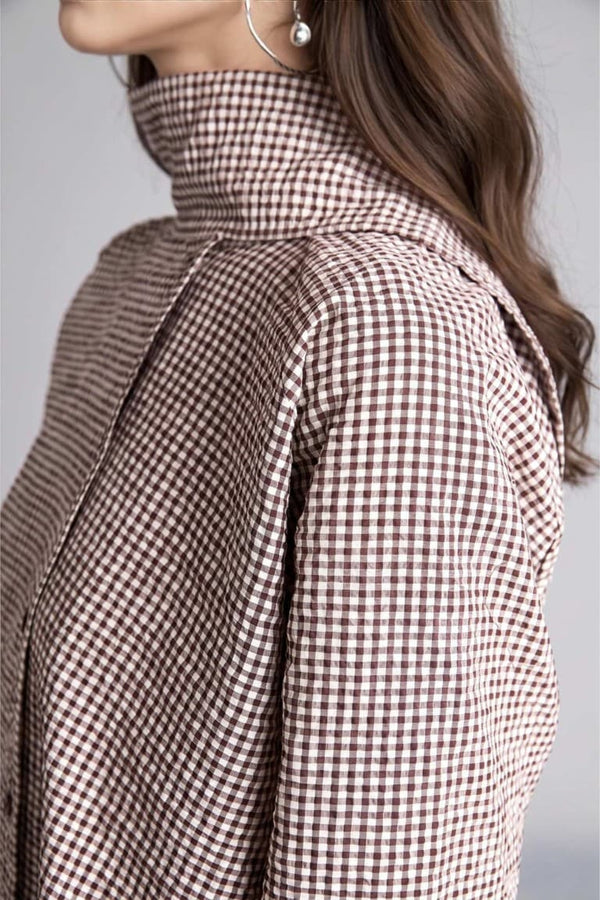 Regular Fit Check Crinkle Fabric Long Sleeve Tunic