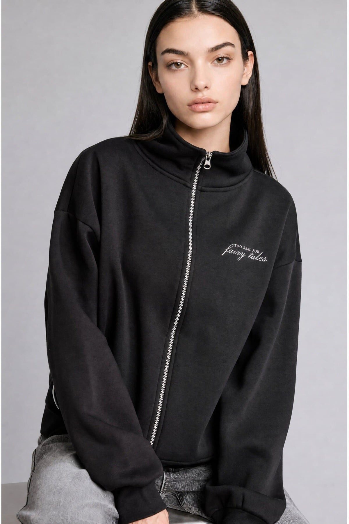 Relax Fit Half Turtleneck Printed Thick Sweatshirt Fabric Cardigan