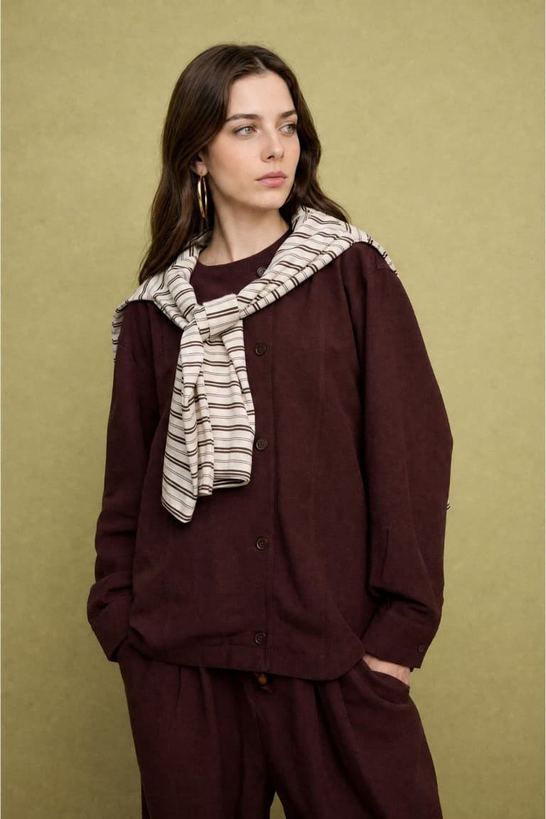 Regular Fitted Linen Blend Brown Jacket