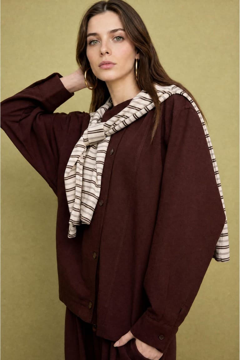 Regular Fitted Linen Blend Brown Jacket