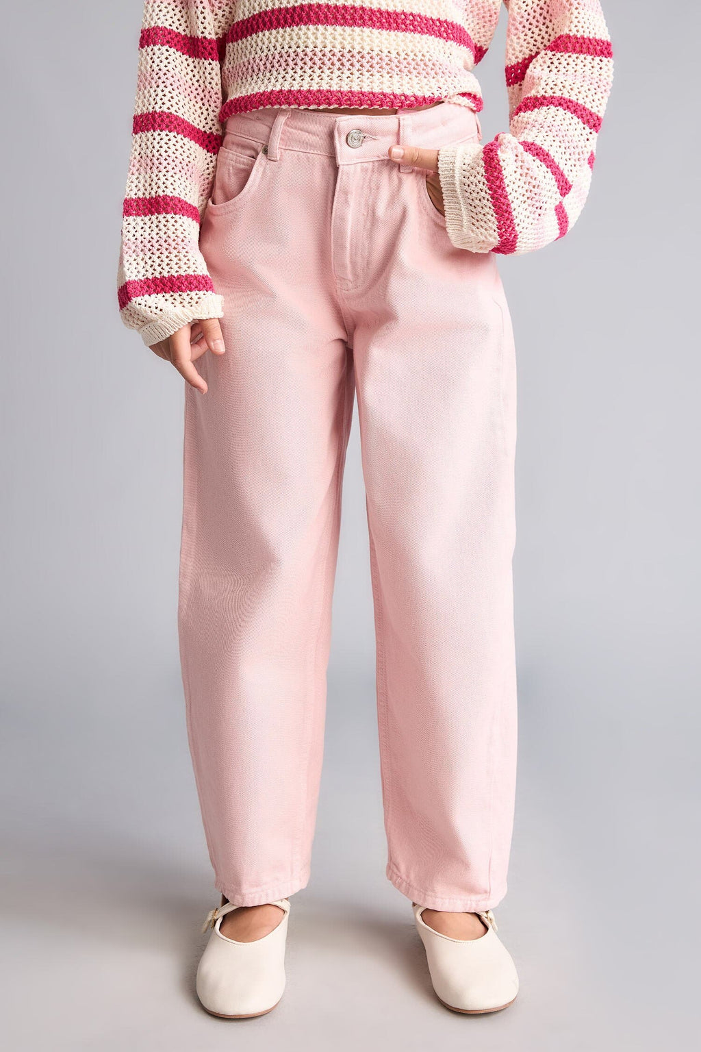 Barrel Fit Stretched Banded Leg Gabardine Light Pink Pants Girl