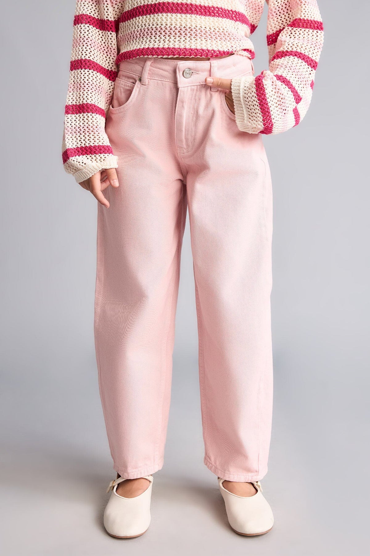 Barrel Fit Stretched Banded Leg Gabardine Light Pink Pants Girl
