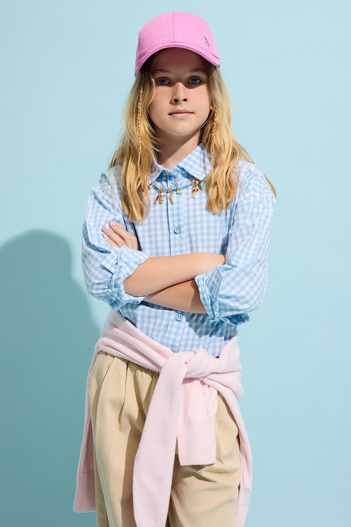100% Cotton Regular Fit Poplin Long Sleeve Check Light Blue Shirt For Girls