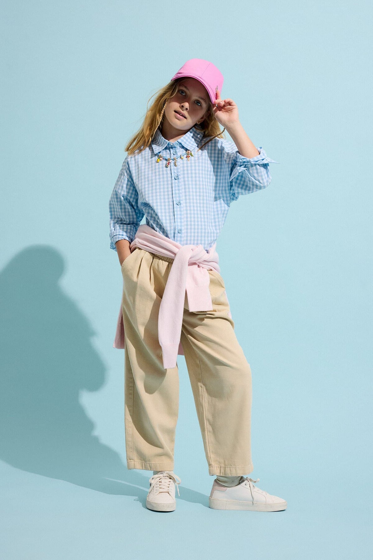 100% Cotton Regular Fit Poplin Long Sleeve Check Light Blue Shirt For Girls