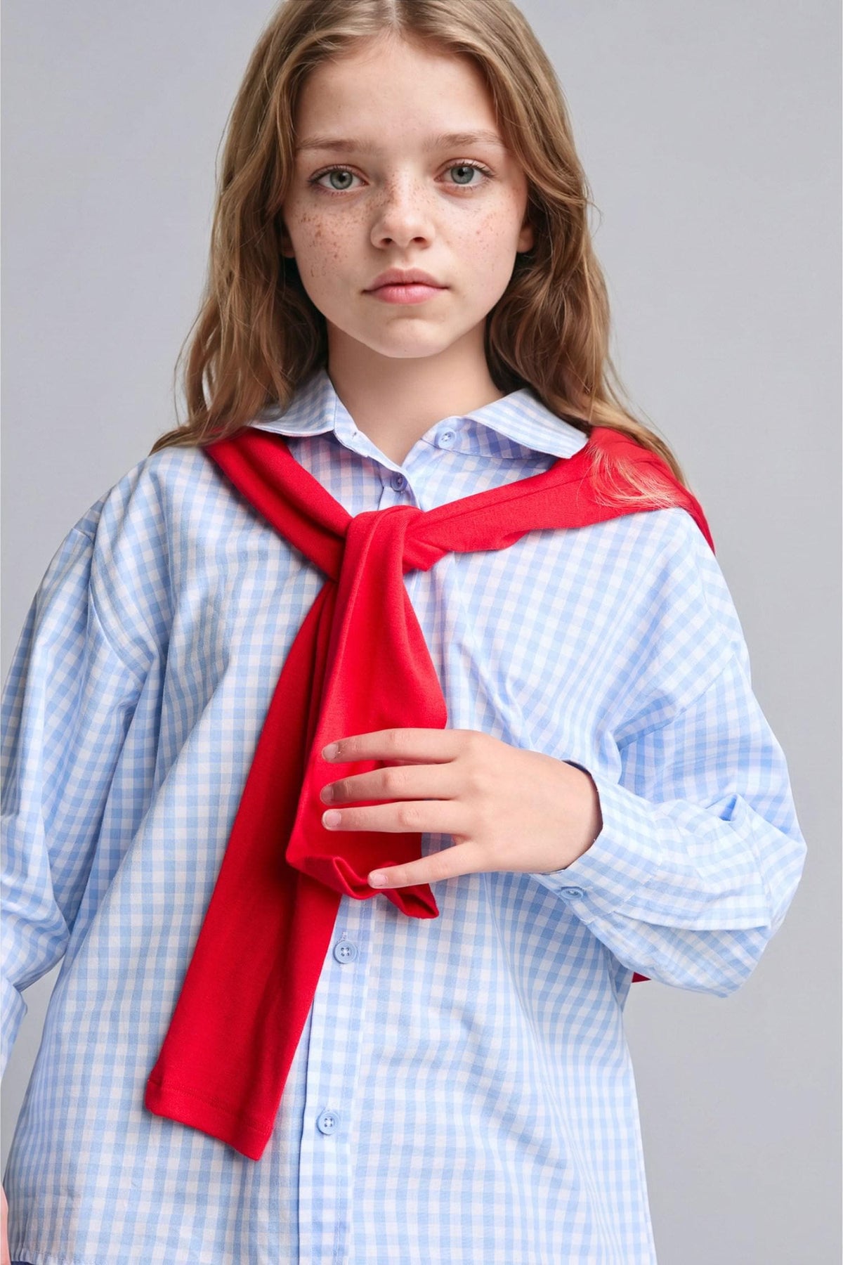 100% Cotton Regular Fit Poplin Long Sleeve Check Light Blue Shirt For Girls