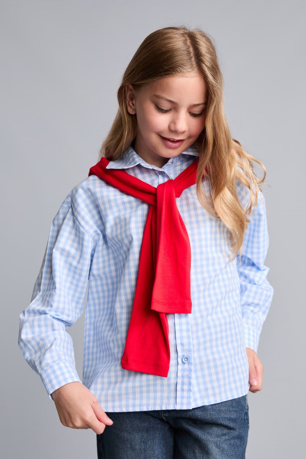 100% Cotton Regular Fit Poplin Long Sleeve Check Light Blue Shirt For Girls