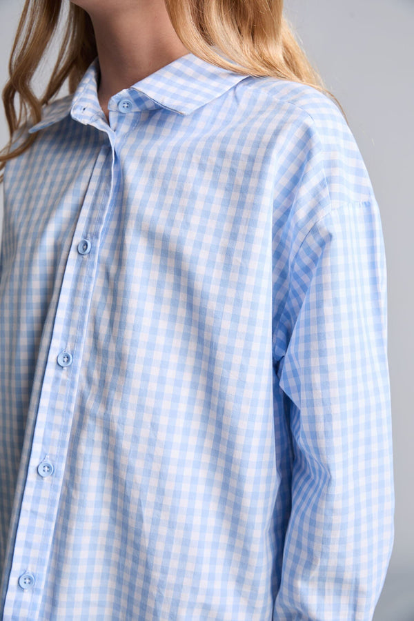 100% Cotton Regular Fit Poplin Long Sleeve Check Light Blue Shirt For Girls
