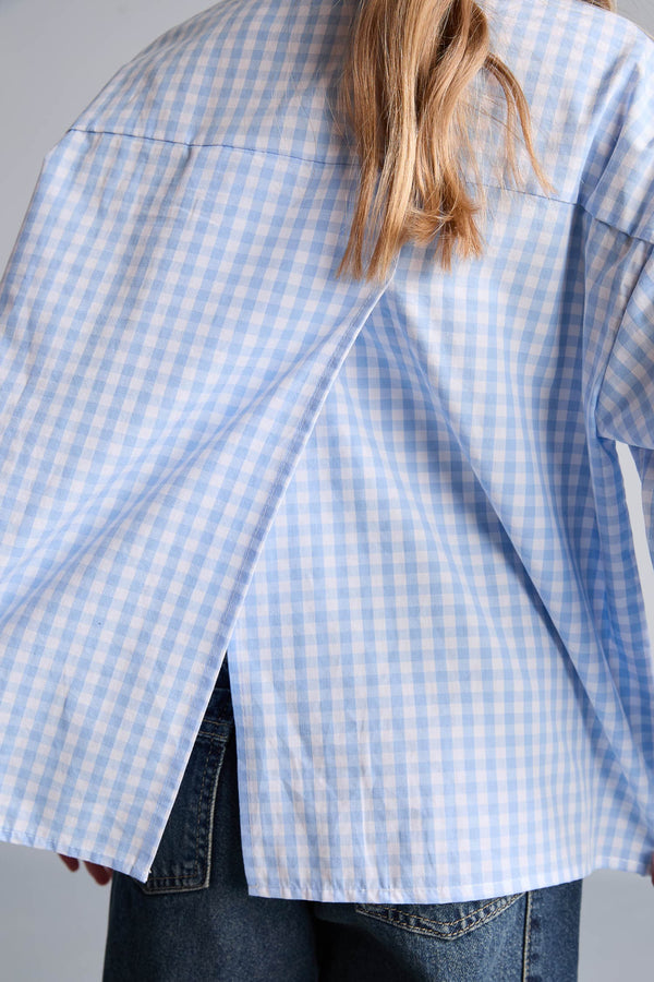 100% Cotton Regular Fit Poplin Long Sleeve Check Light Blue Shirt For Girls