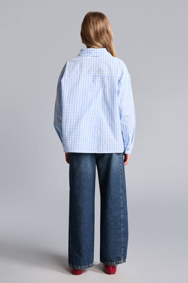 100% Cotton Regular Fit Poplin Long Sleeve Check Light Blue Shirt For Girls
