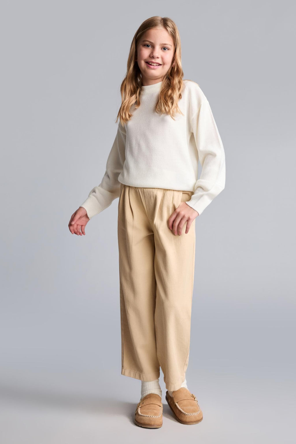 100% Cotton Baggy Fit Stretchy Banded Leg Gabardine Light Beige Pants Girls