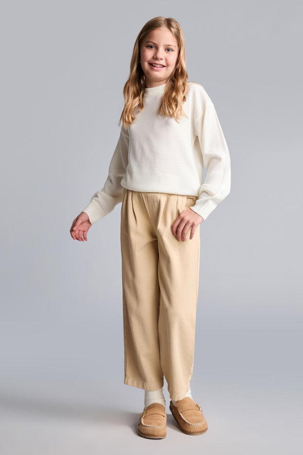100% Cotton Baggy Fit Stretchy Banded Leg Gabardine Light Beige Pants Girls