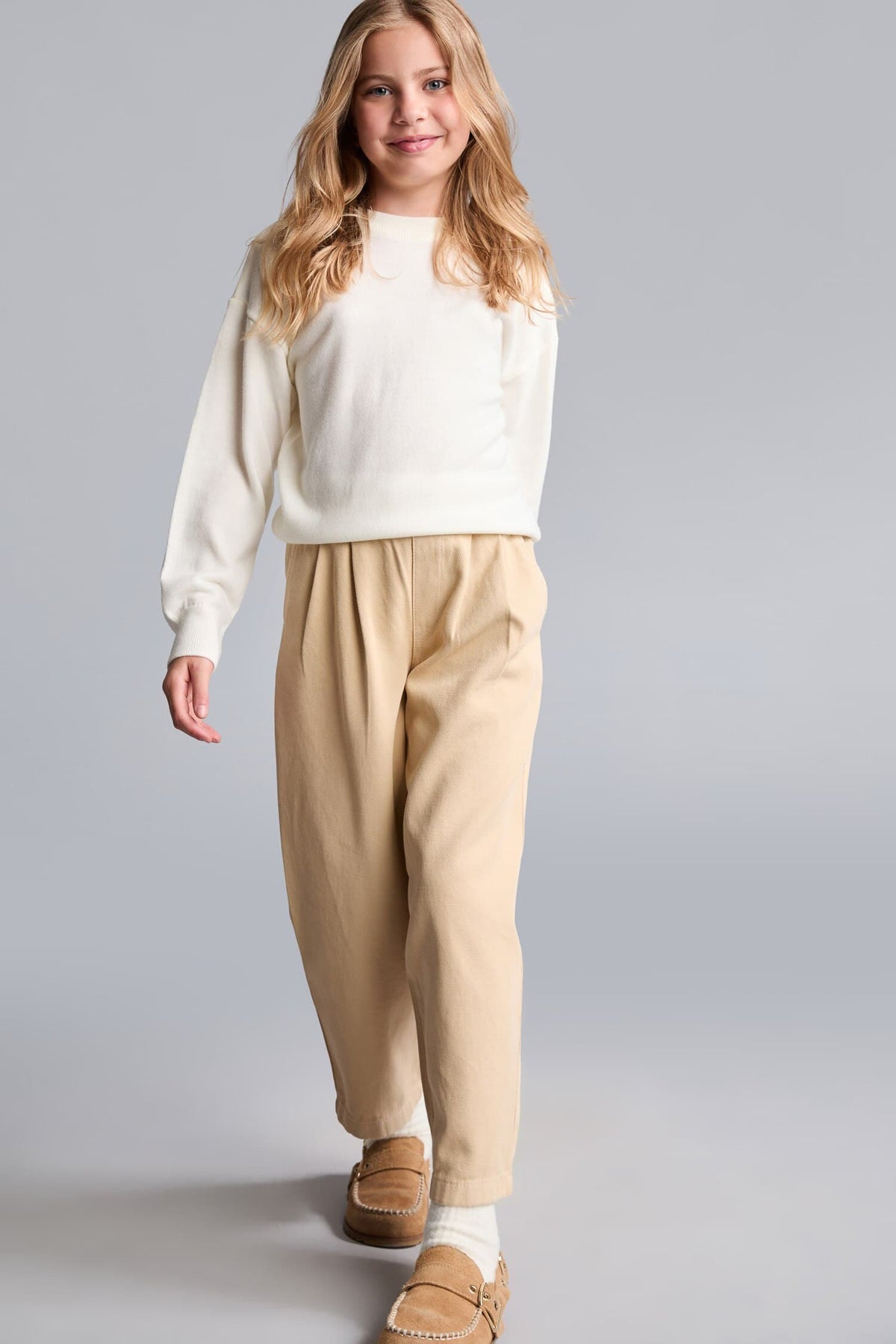 100% Cotton Baggy Fit Stretchy Banded Leg Gabardine Light Beige Pants Girls
