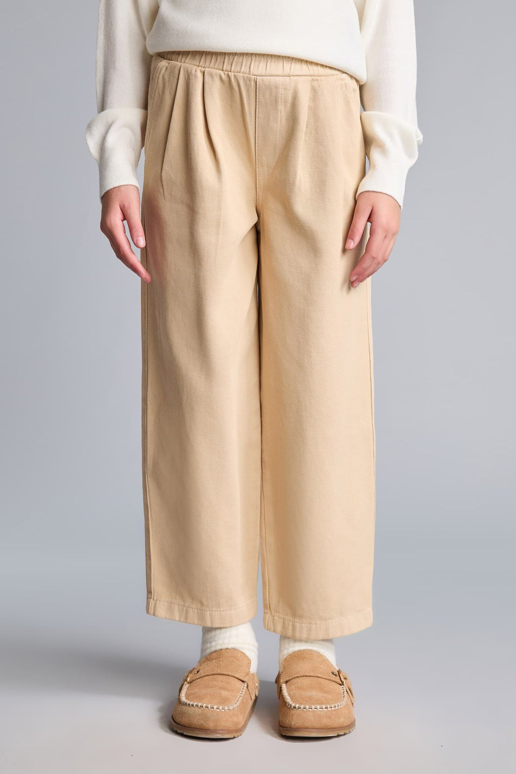 100% Cotton Baggy Fit Stretchy Banded Leg Gabardine Light Beige Pants Girls