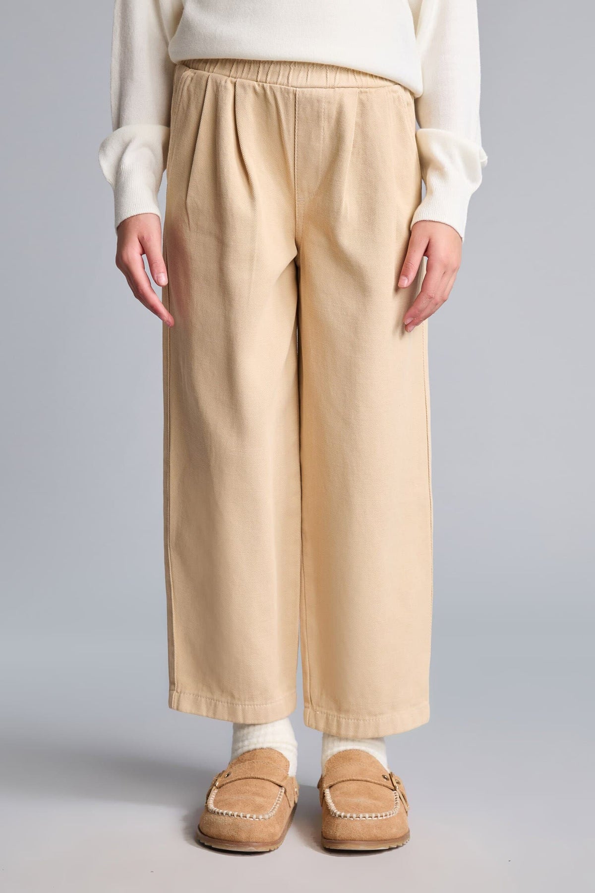 100% Cotton Baggy Fit Stretchy Banded Leg Gabardine Light Beige Pants Girls