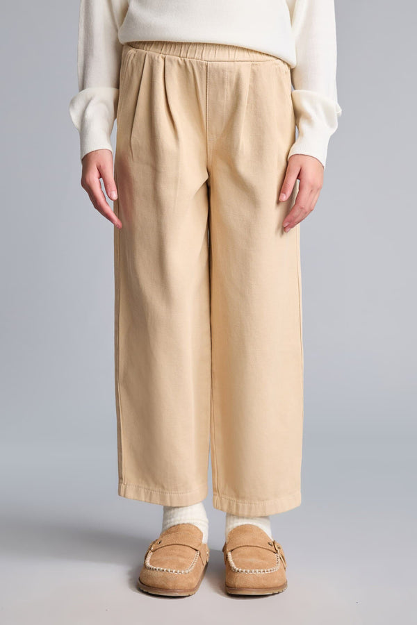 100% Cotton Baggy Fit Stretchy Banded Leg Gabardine Light Beige Pants Girls