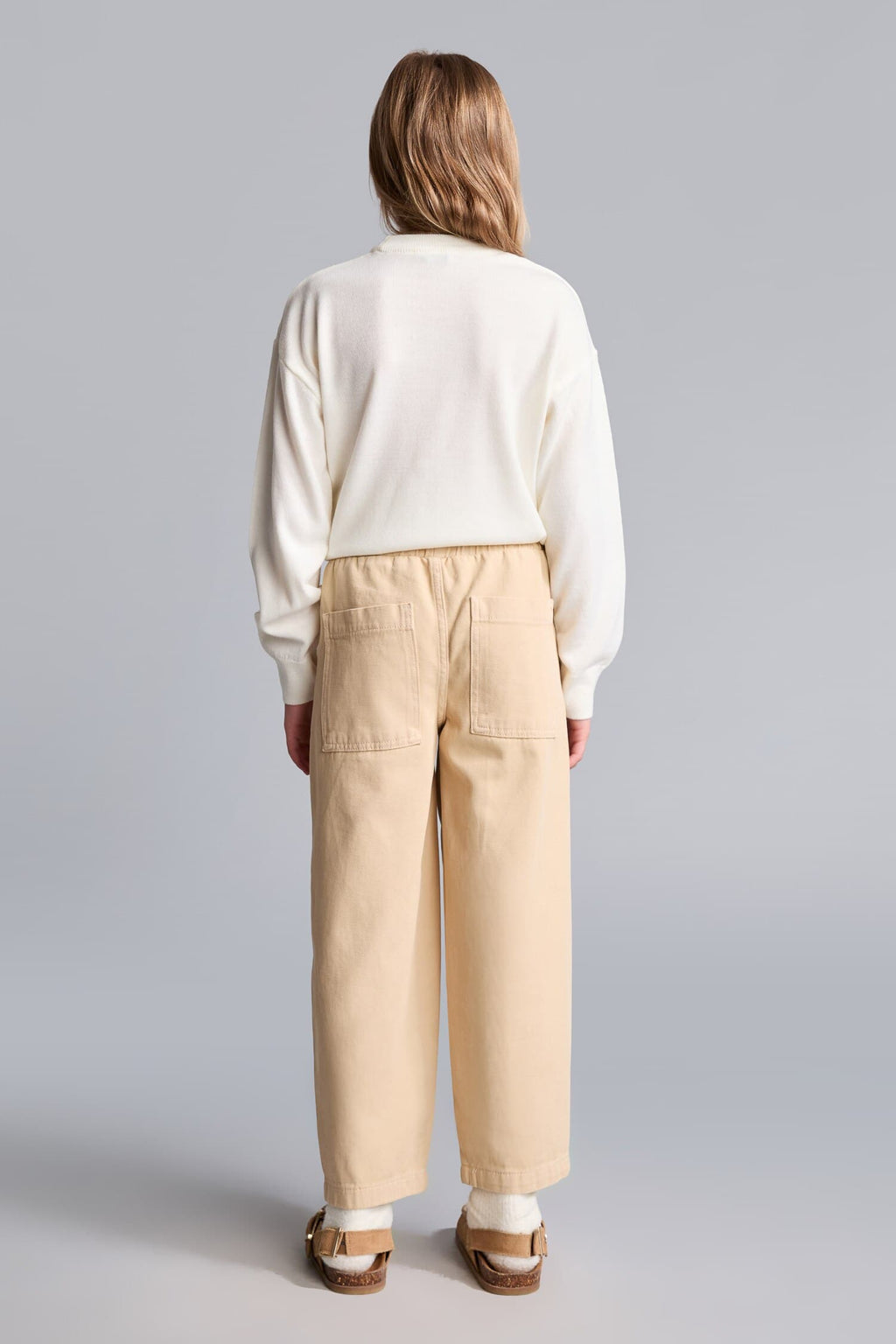 100% Cotton Baggy Fit Stretchy Banded Leg Gabardine Light Beige Pants Girls