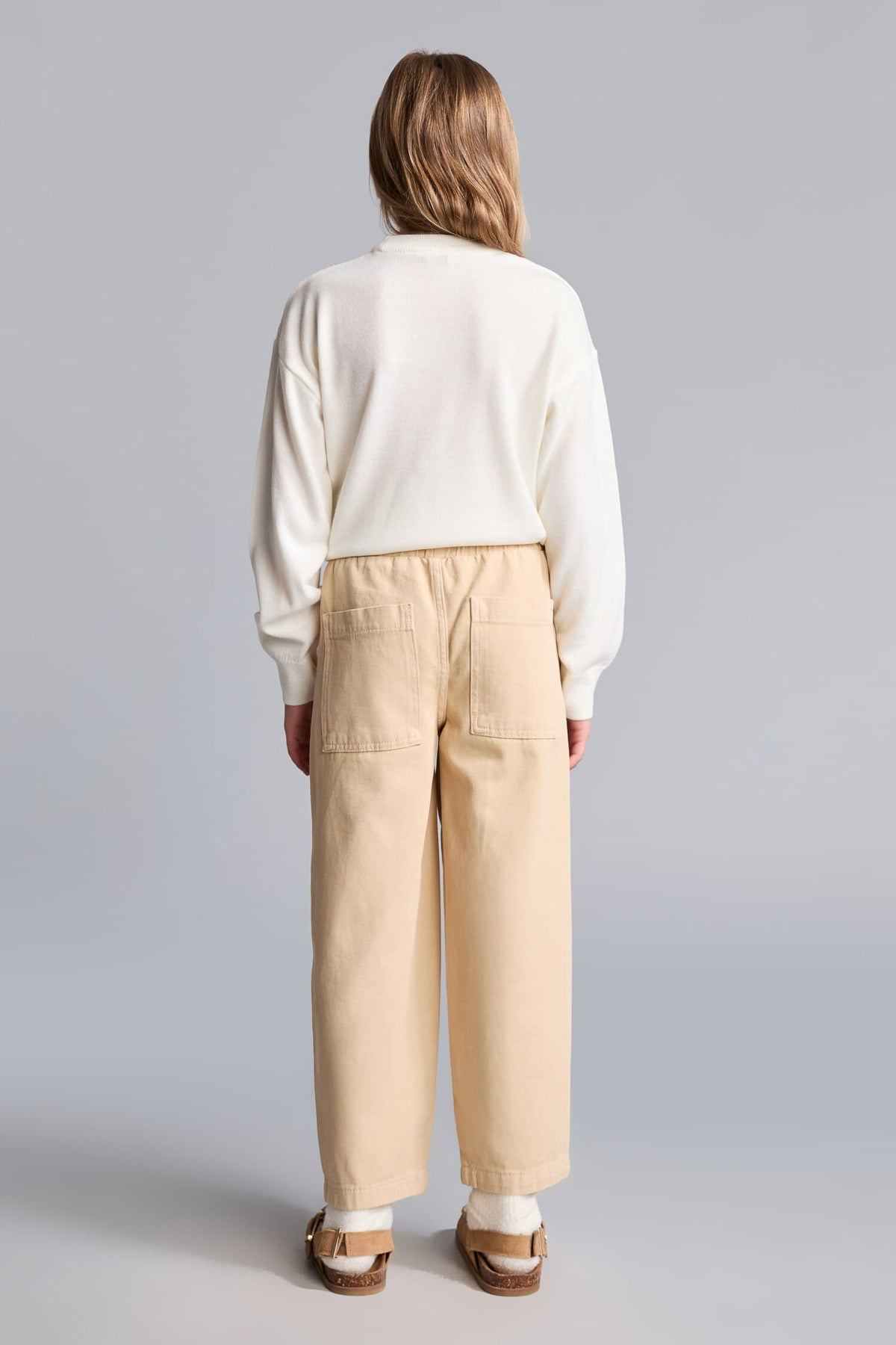 100% Cotton Baggy Fit Stretchy Banded Leg Gabardine Light Beige Pants Girls