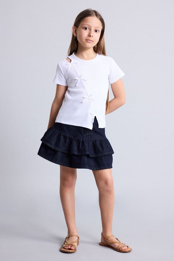 Crew Neck Ribbed Bow Short Sleeve Black T-Shirt Girl