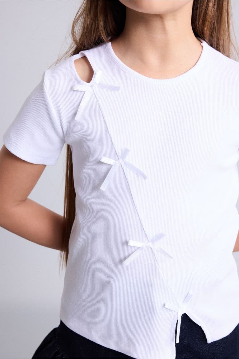 Crew Neck Ribbed Bow Short Sleeve Black T-Shirt Girl