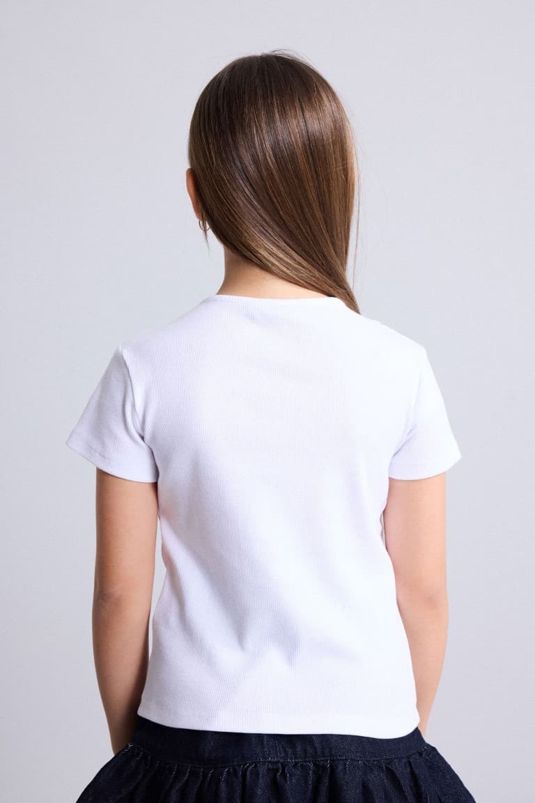 Crew Neck Ribbed Bow Short Sleeve Black T-Shirt Girl