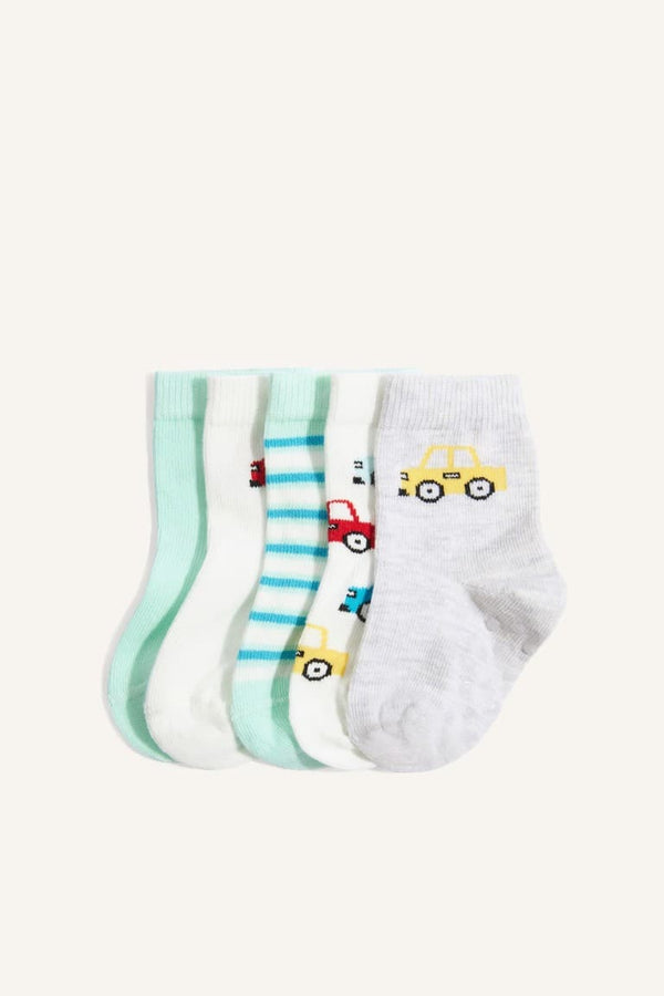 Car Patterned Seamless 5 Pack Cotton Long Socks Baby Boy