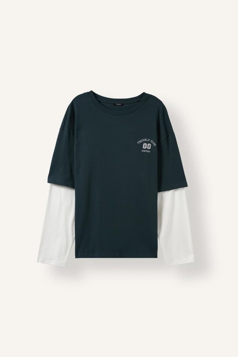100% Cotton Boxy Fit Crew Neck Layer-Look Printed Long Sleeve T-Shirt