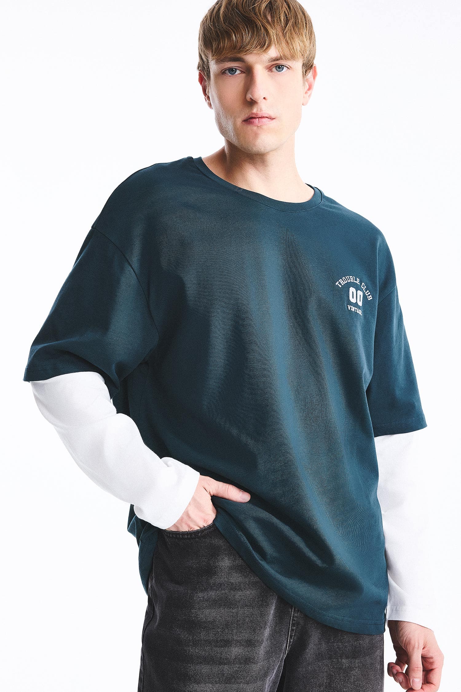 100% Cotton Boxy Fit Crew Neck Layer-Look Printed Long Sleeve T-Shirt Secondary image