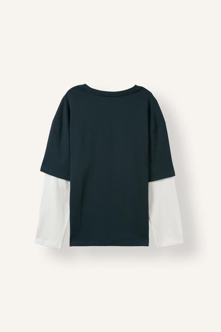 100% Cotton Boxy Fit Crew Neck Layer-Look Printed Long Sleeve T-Shirt