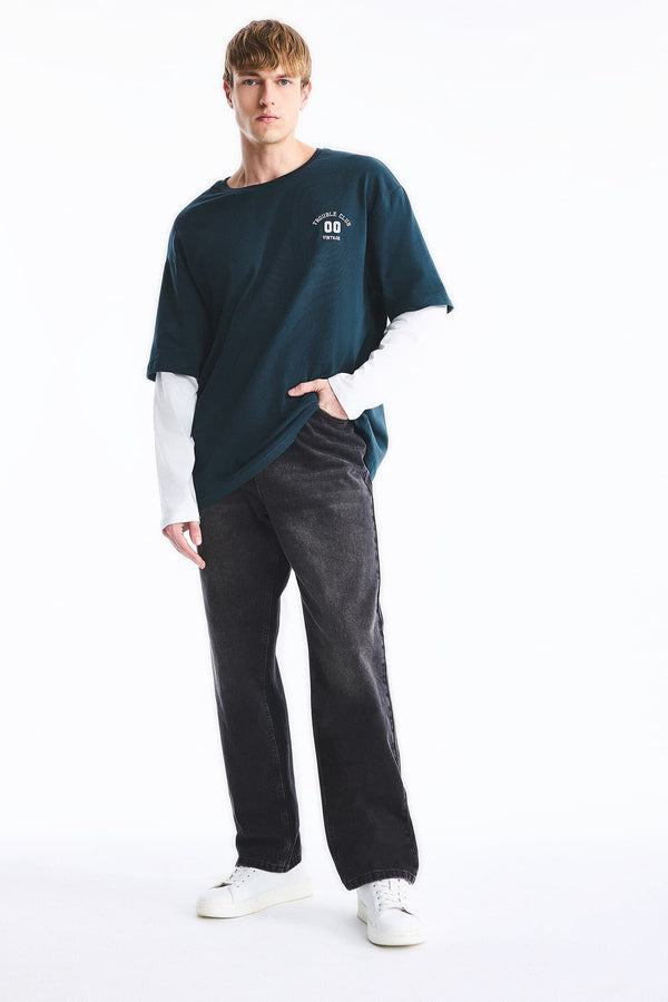 100% Cotton Boxy Fit Crew Neck Layer-Look Printed Long Sleeve T-Shirt