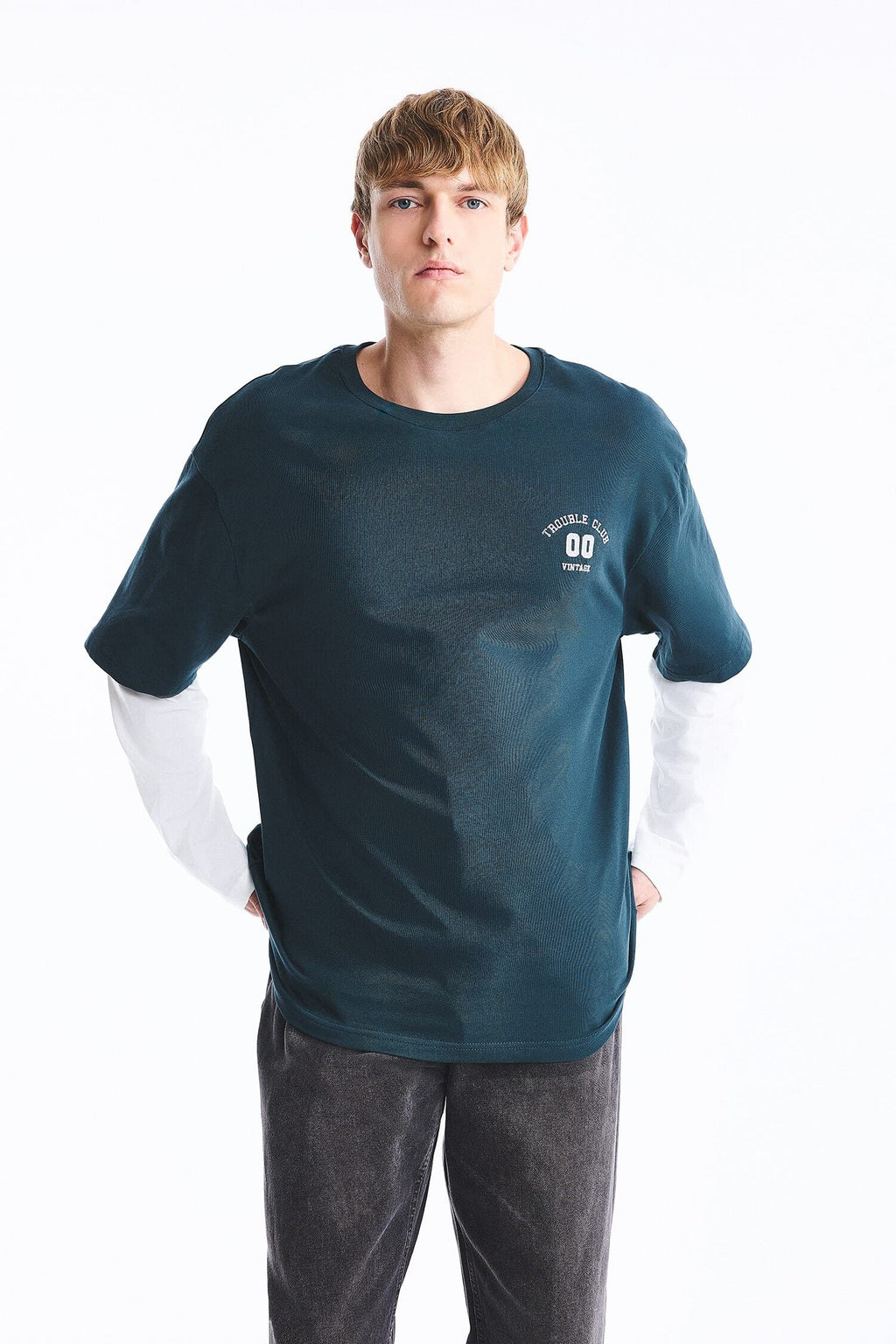 100% Cotton Boxy Fit Crew Neck Layer-Look Printed Long Sleeve T-Shirt