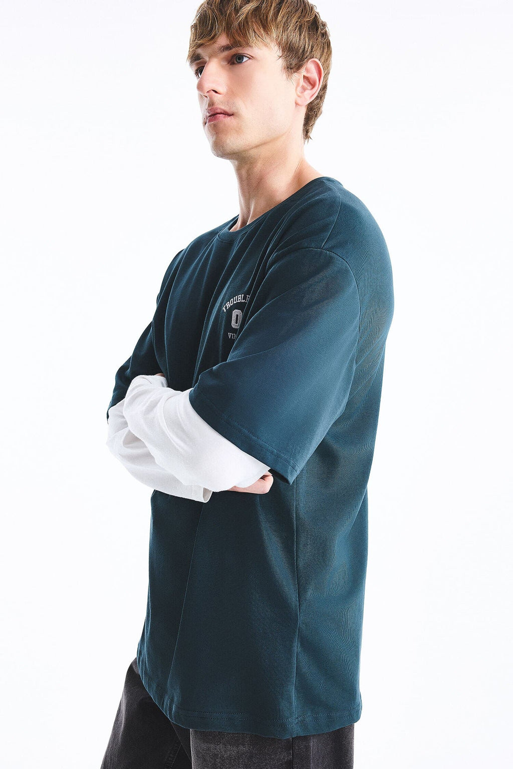 100% Cotton Boxy Fit Crew Neck Layer-Look Printed Long Sleeve T-Shirt