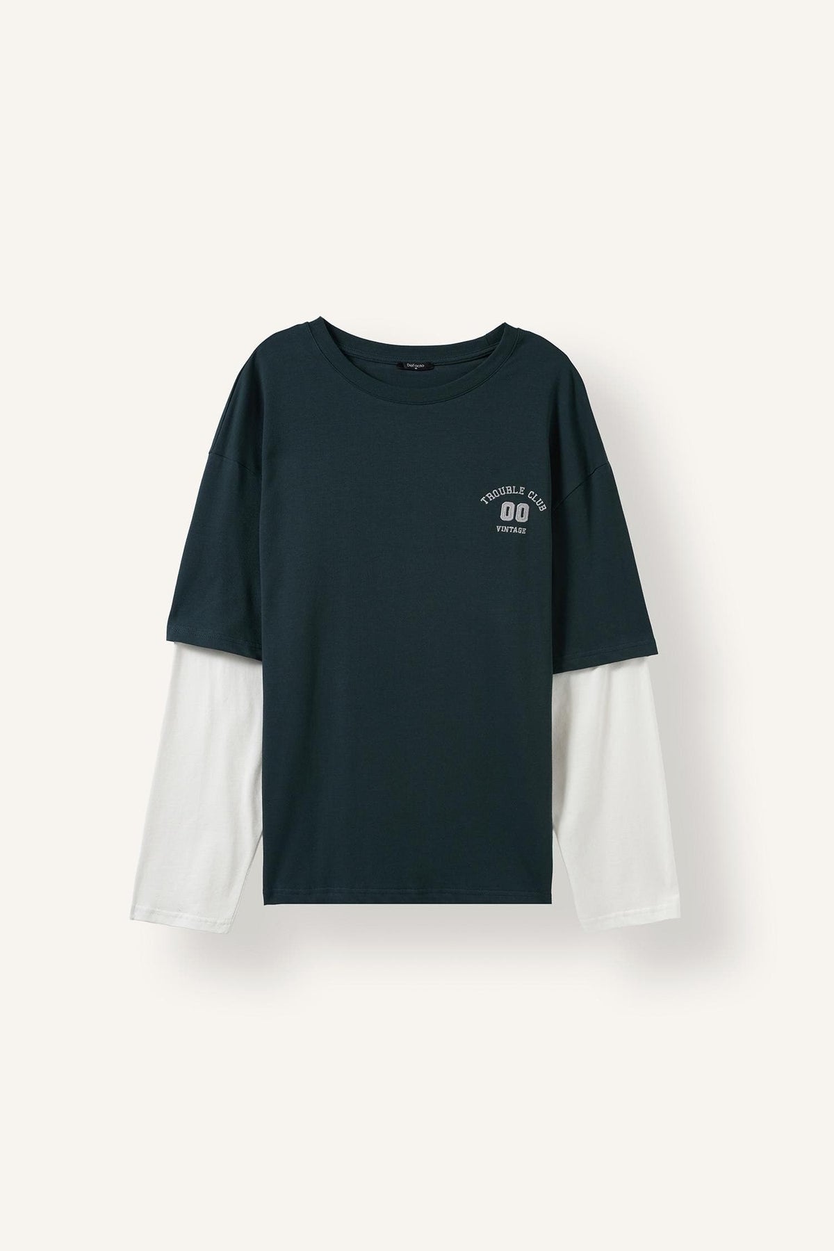 100% Cotton Boxy Fit Crew Neck Layer-Look Printed Long Sleeve T-Shirt