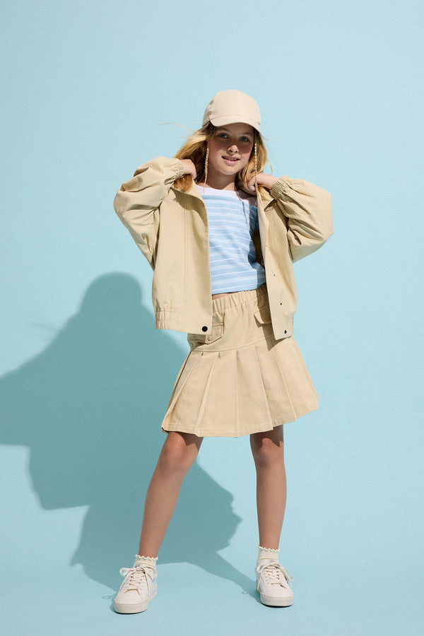 Pleated Gabardine Light Beige Mini Skirt Girls