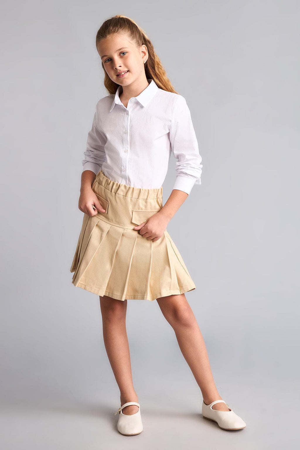 Pleated Gabardine Light Beige Mini Skirt Girls