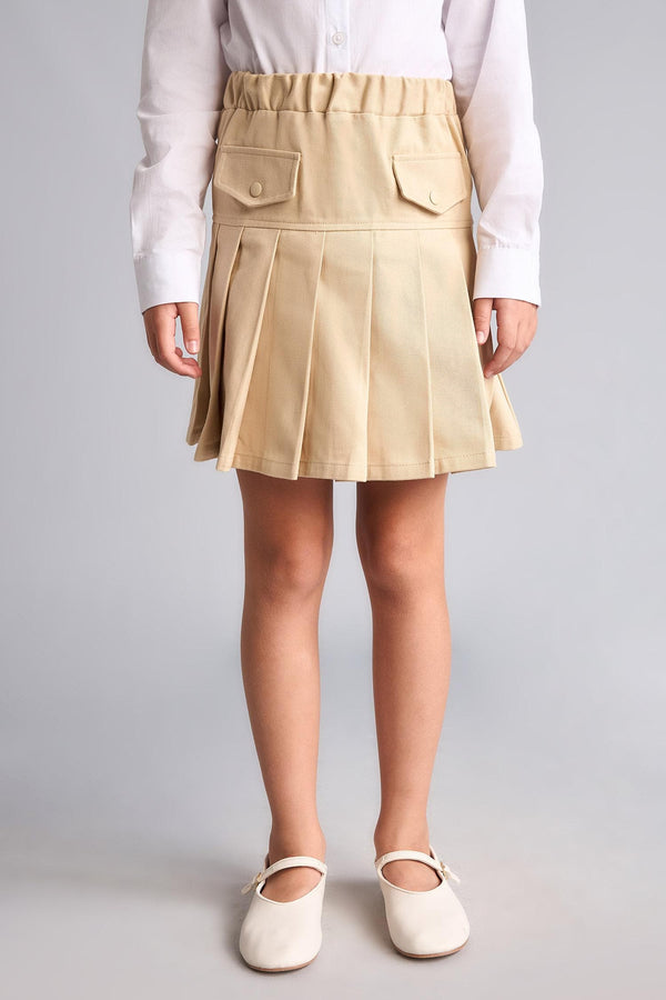 Pleated Gabardine Light Beige Mini Skirt Girls