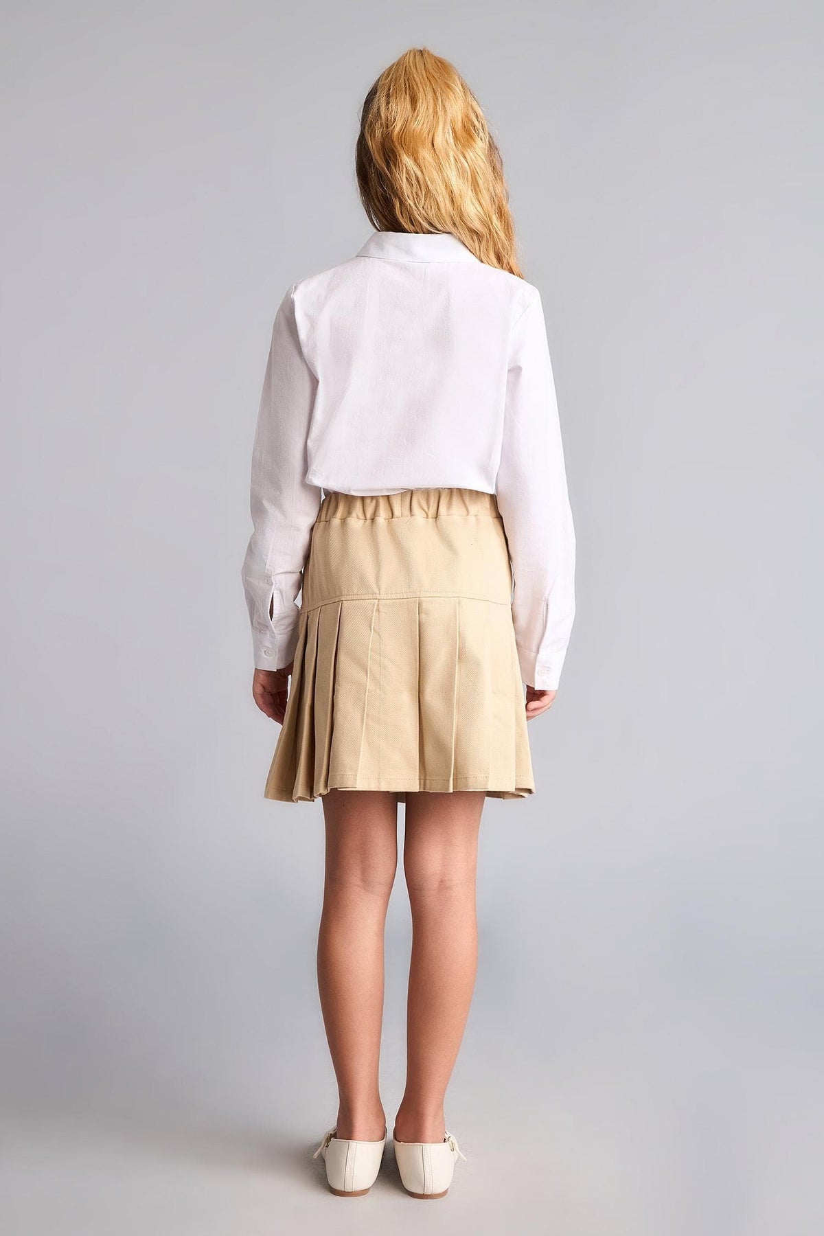 Pleated Gabardine Light Beige Mini Skirt Girls