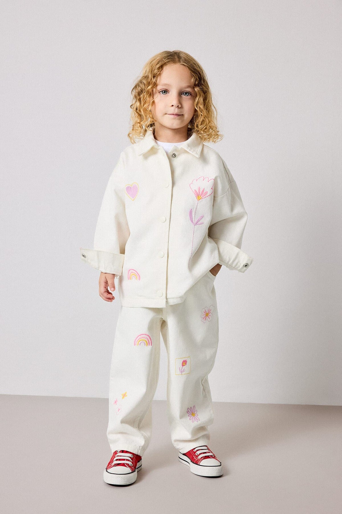 100% Cotton Baggy Fit Gabardine Embroidered Ecru Pants Baby Girl Main image
