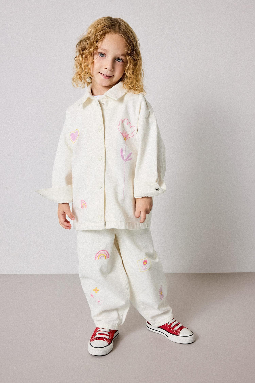 100% Cotton Baggy Fit Gabardine Embroidered Ecru Pants Baby Girl