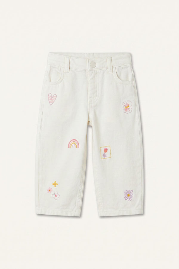 100% Cotton Baggy Fit Gabardine Embroidered Ecru Pants Baby Girl